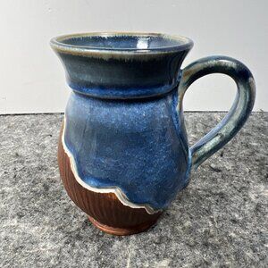 Studio Pottery Belly Coffee Mug Blue Drip Glaze Brown Carved Signed By KERRY IC
